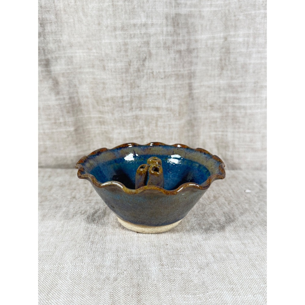 Studio Pottery Flower Frog Bowl  Blue Good Ruffled Ikebana Vase Ceramic